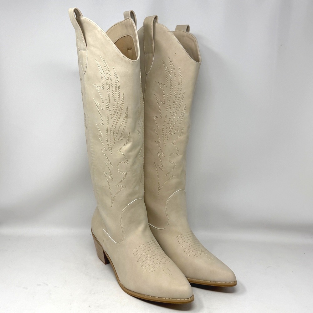 SHIBEVER Cream Western Cowboy Cowgirl Boots Women Knee High DT2732 Size 41 READ